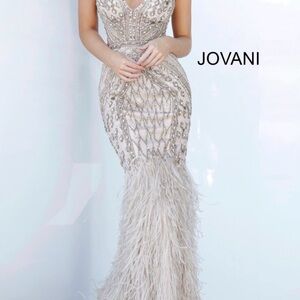 Jovani Silver Feathered Prom Dress